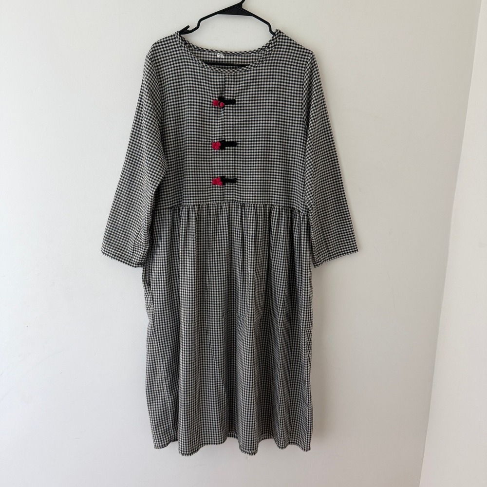 Gingham Dress Size M Black White Oversized Drop Waist Lagenlook Cottagecore